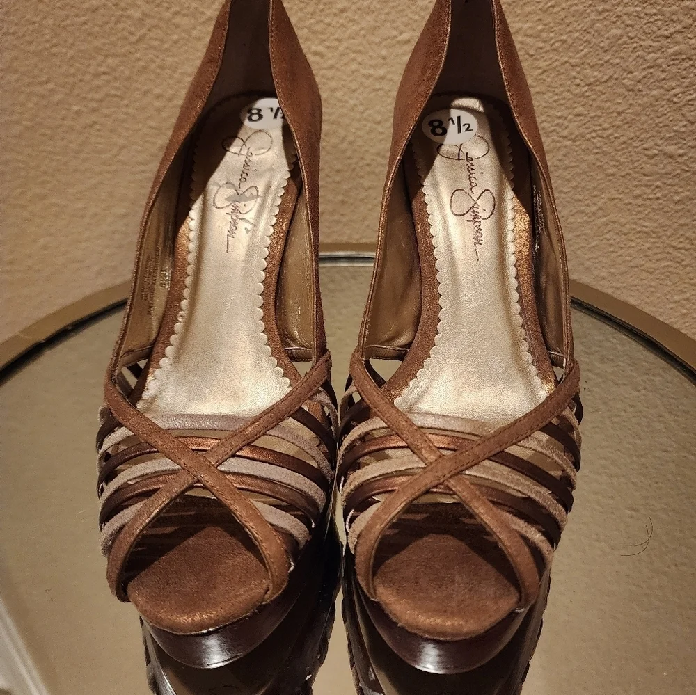 Jessica Simpson Leather Brown Gold Silver Heels Size 8.5B - Picture 3 of 7